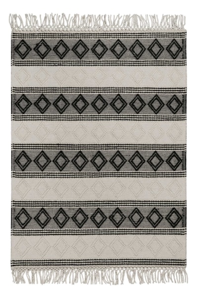Tapis kilim ethnique tissé à franges et relief noir et blanc 160x230