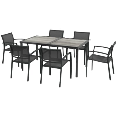 Salon de jardin 6 places 7 pièces table manger acier aspect bois gris
