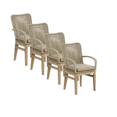 Lot de 4 fauteuils bois d'acacia et tressage de corde et coussin taupe