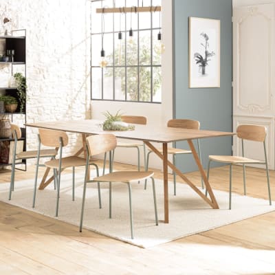 Lot de 2 chaises « écolier » bois de frêne pieds acier vert d’eau