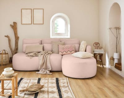 Canapé d'angle droit convertible 4 places en tissu bouclette rose