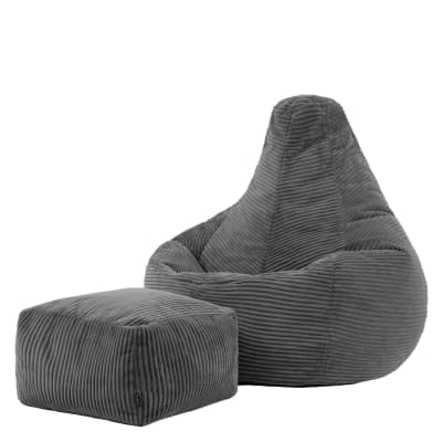 Pouf poire à dos haut et repose-pied velours côtelé gris anthracite