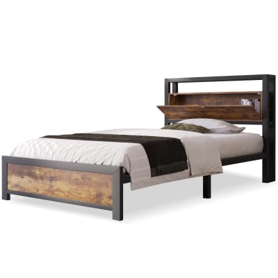 Lit simple industriel avec tête de lit rangement bois noyer 90x200cm