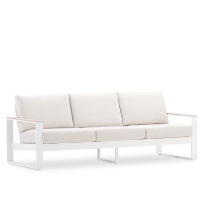 Canapé jardin 3 places aluminium blanc accoudoirs bois 247x91x80cm