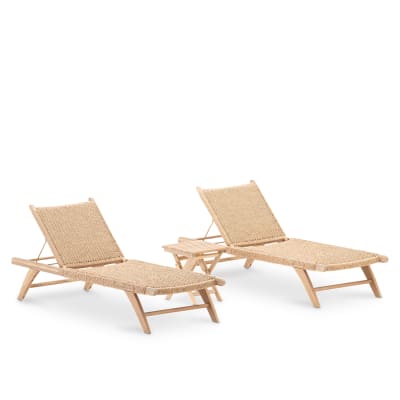 Set 2 chaises longues jardin bois et rotin synthétique et table 40x40