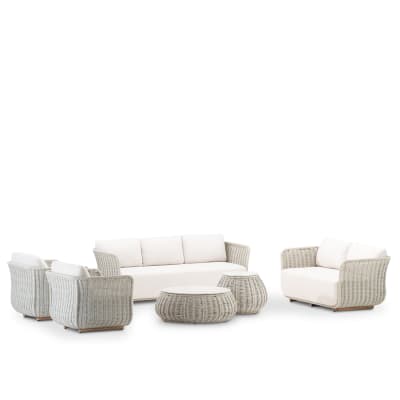 Set de jardin 7 places en corde grise avec 2 tables rondes en ciment