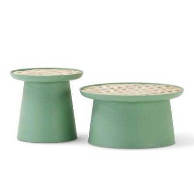 Set 2 tables d'appoint polypropylène et plateau en bois vert D50/D70