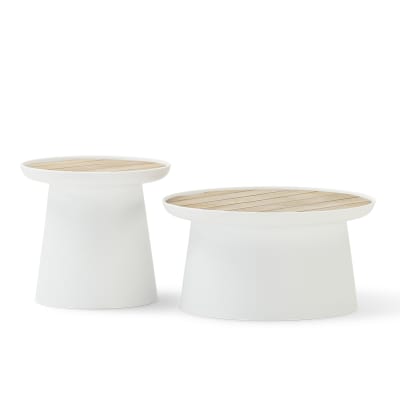 Set 2 tables d'appoint polypropylène blanc et plateau en bois D50/D70