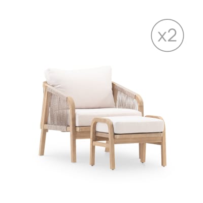 Set de 2 fauteuils de jardin avec 2 repose-pieds bois et corde beige