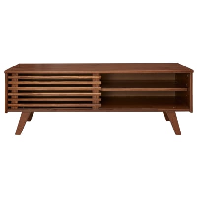 Table basse porte coulissante en bois massif, coloris châtaigne