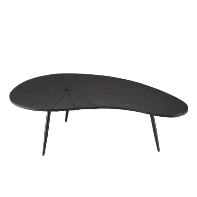 Table basse ovoïde plateau texturé noir mat pieds en fer noir