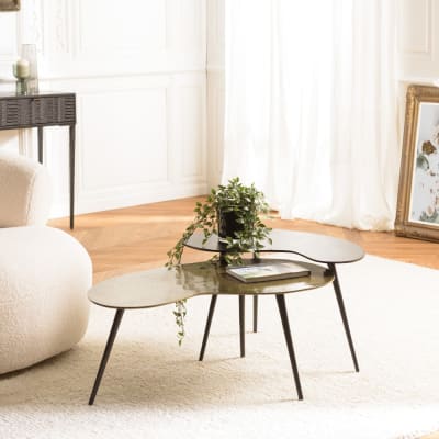 Set de 2 tables basses ovoïdes en aluminium noir mat et doré