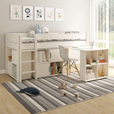 Lit mi-hauteur avec bureau et rangements en pin blanc 90x200