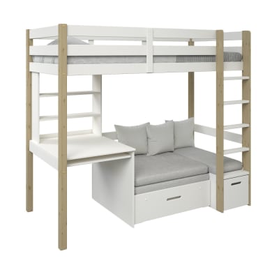 Lit mezzanine avec bureau et chauffeuse pin et mdf blanc bois 90x200
