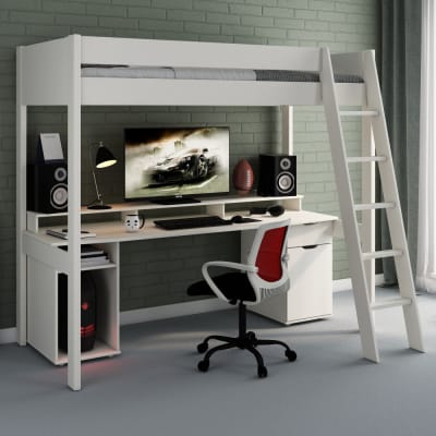 Lit mezzanine avec bureau en pin blanc 90x200