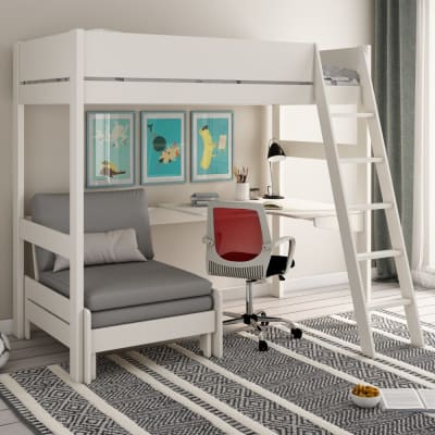Lit mezzanine avec bureau et chauffeuse pin massif blanc 90x190