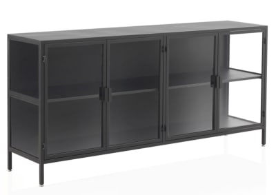Buffet avec portes et côtés en verre, structure en métal noir