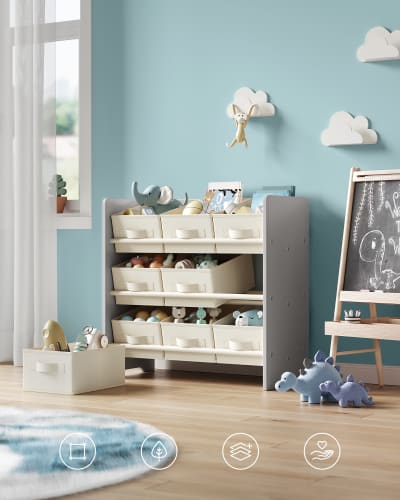 Meuble de rangement pour jouets 9 en tissu gris blanc et crème