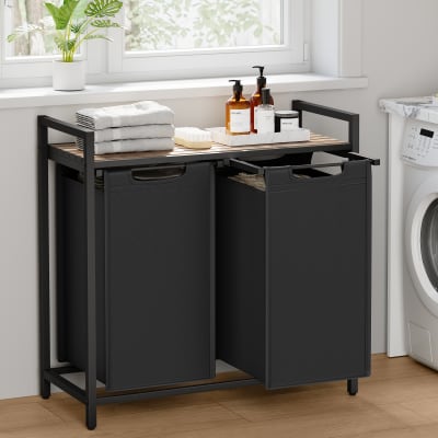 Panier à linge 92l panneau mdf acier tissu oxford marron camel et noir