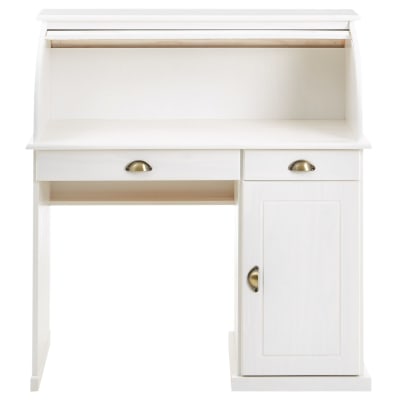 Bureau secrétaire avec volet roulant, en bois massif, blanc