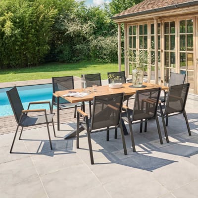 Table de jardin en acacia et aluminium avec 8 fauteuils