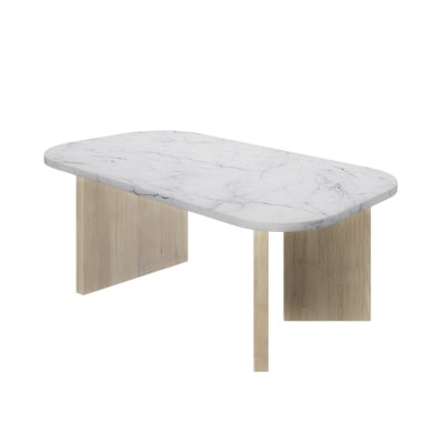 Table basse effet marbre blanc & pieds châtaignier mat
