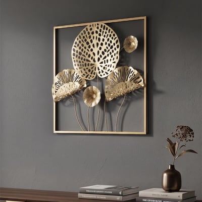 Panneau décoratif 3d fleurs et feuilles en métal doré 50x5x50 cm