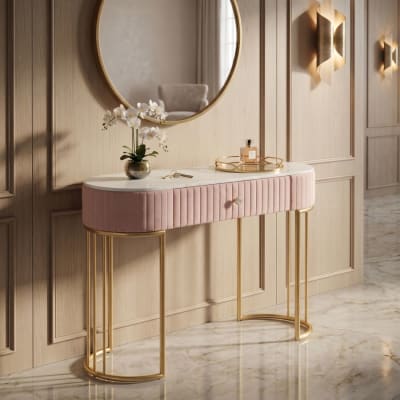 Console en métal doré, tissu rose et bois 100x40x75 cm