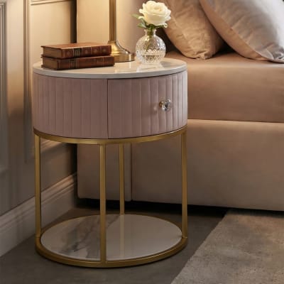 Table de chevet en métal tissu bois doré rose blanc ø 42x48 cm