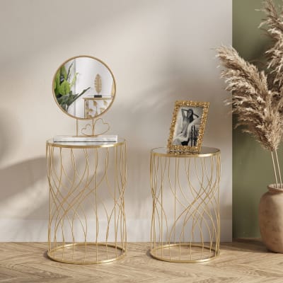 Lot de 2 tables basses en métal et miroir dorés ø 38x55-33x50  cm