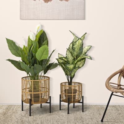 Lot de 2 cache-pots en rotin et métal marron et noir ø 41x47-33x39 cm