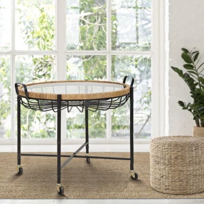 Table basse en fer, bois et verre noir et marron 70,5x65x57  cm