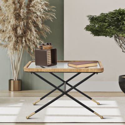 Table basse en fer, bois verre noir et brun 70x50x45 cm