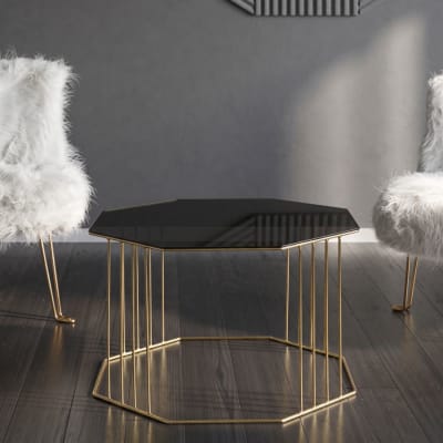 Table basse octogonale en métal et verre doré noir cm 70x70x45