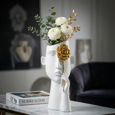 Vase visage en résine blanc et doré 14x13x27 cm