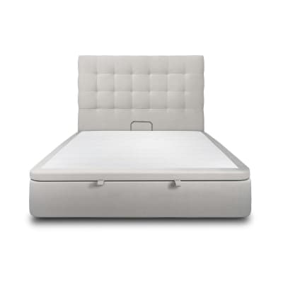 Lit coffre avec tête de lit capitonnée velours gris clair 140x200