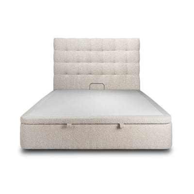Lit coffre avec tête de lit capitonnée bouclette beige clair 160x200