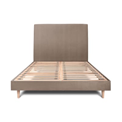 Lit avec tête de lit tapissier velours et sommier kit  taupe 140x190