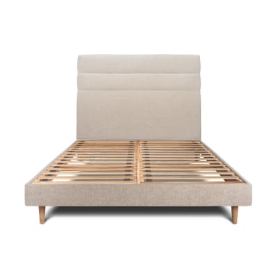 Lit avec tête de lit lignes tissu et sommier kit  beige brun 160x200