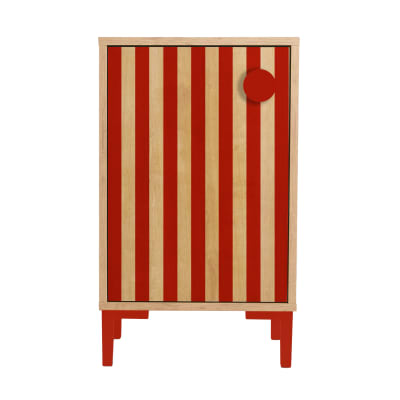 Table de chevet 1 porte couleur chêne et rayures rouges