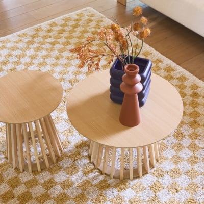 2 tables basses rondes effet chêne d40cm et d60cm