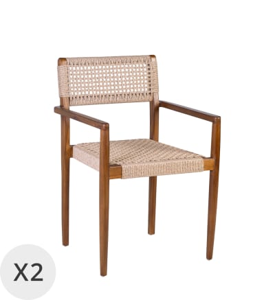 Set de 2 fauteuils en bois et corde beige