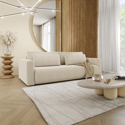Canapé convertible 3 places coffre bois de pin beige