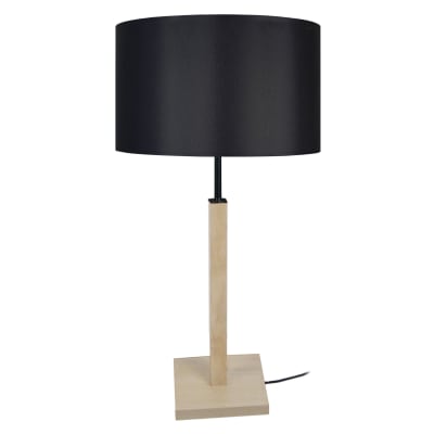 Lampe de table pied carré bois naturel abat-jour tissu noir
