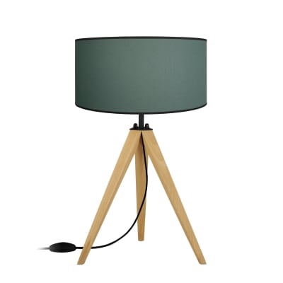 Lampe de table bois naturel abat-jour tissu vert pétrole