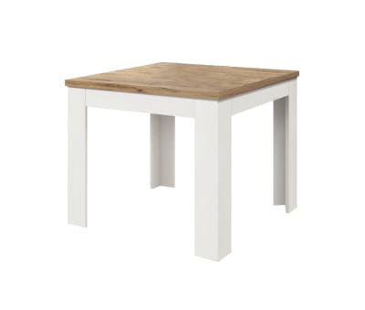 Table en bois finition chêne, base extensible blanche 90×90-180×90cm
