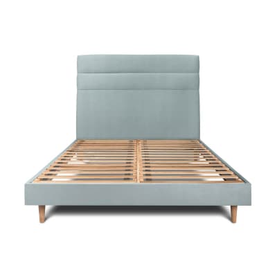 Lit avec tête de lit lignes velours et sommier kit  gris bleuté 180x20
