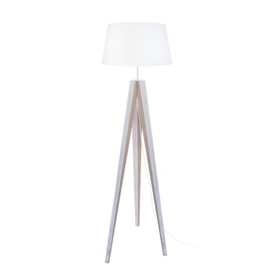 Lampadaire trepied  bois blanc abat-jour  tissu blanc