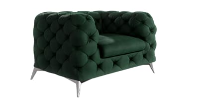 Fauteuil Chesterfield en velours, pieds en métal argenté, vert