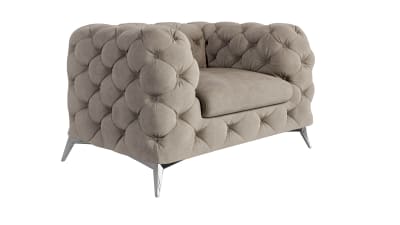 Fauteuil Chesterfield en velours, pieds métal argenté, crème foncée